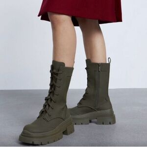 5.5 Zara Rubberized Fall Lace-Up / Zipper Combat Boots/khaki brown